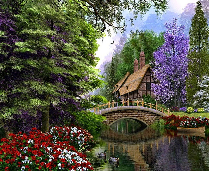 wässriger See, Wald, See, Haus, wässrig HD-Hintergrundbild