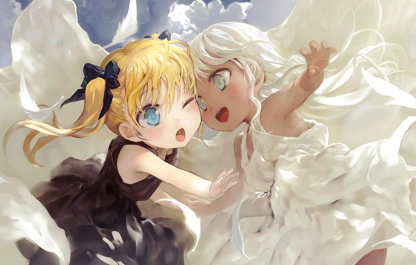 the sky, clouds, children, girls, angel, the demon, fantasy, by bob for , section прочее, Angel and Demon Anime HD wallpaper