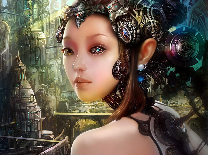 Fantasy, City, Girl, Robot, Cyborg HD wallpaper