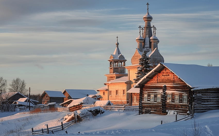 Chiesa in Russia, case, chiesa, Russia, legno, inverno, neve Sfondo HD