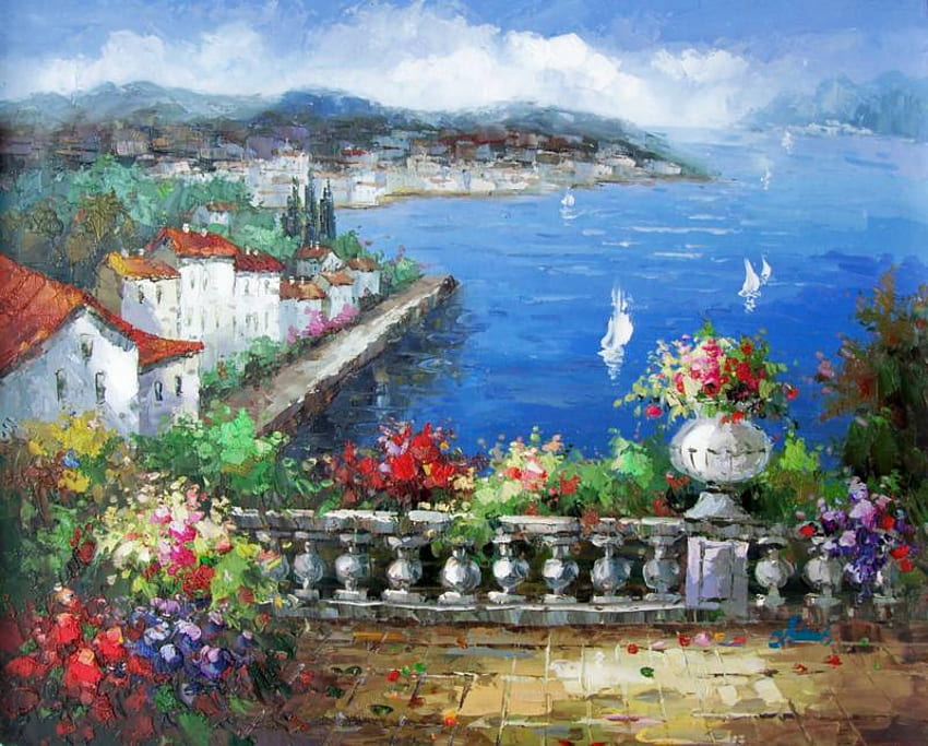 Pemandangan Mediterania, vila, lukisan, tanaman, perahu, mediterania, teras Wallpaper HD