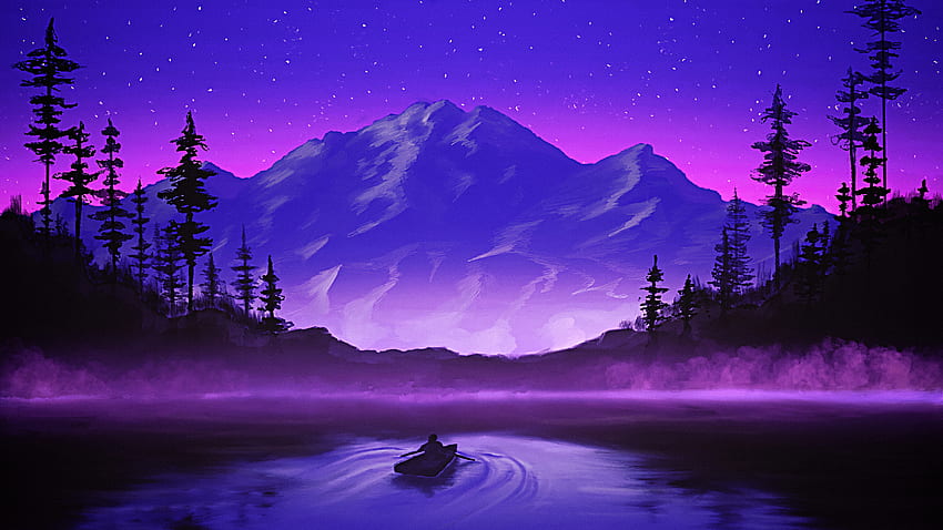 미니멀리즘 풍경 호수 산 예술적 보라색 별 하늘 배경 미니멀리즘 HD 월페이퍼