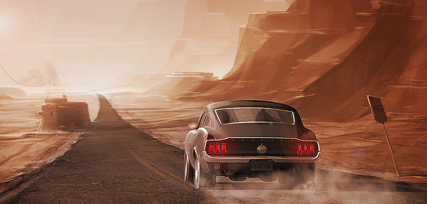 Ford Mustang, long, lone road, artwork HD wallpaper