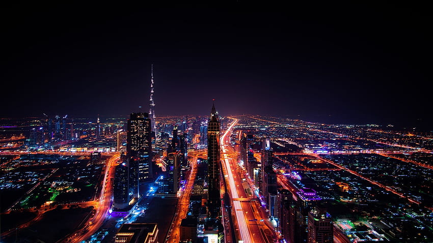 Невероятна нощна гледка към Дубай - Градска нощ, Дубай през нощта HD тапет