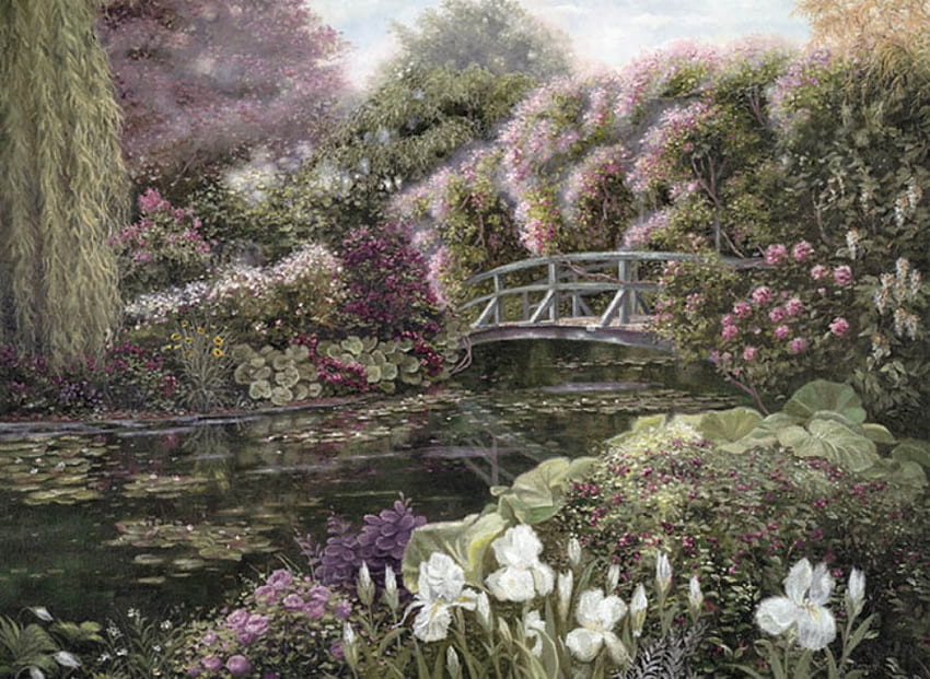 bridge to spring, blossoms, bridge, spring, rocks, tree, pond HD wallpaper