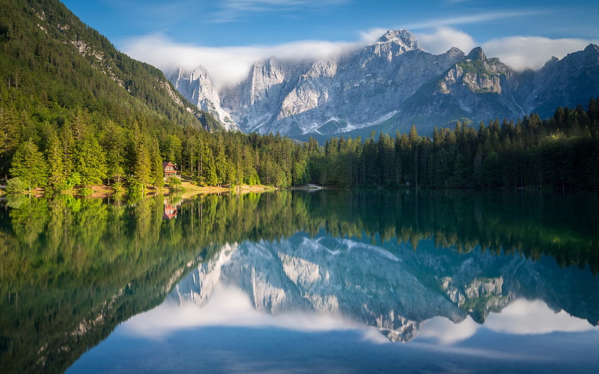 Fusine See, Bergsee, Julische Alpen, Morgen, Sonnenaufgang, Berglandschaft, schöner See, Tarvisio, Italien, Alpen HD-Hintergrundbild