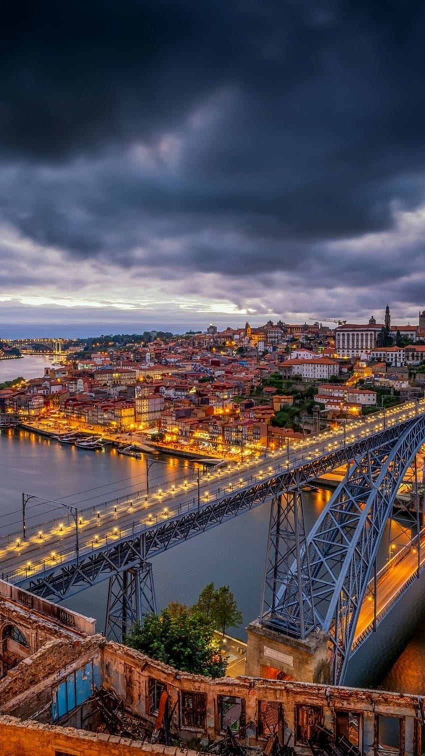ポルトガル、ポルト、橋、川、都市、夜、ライト HD電話の壁紙