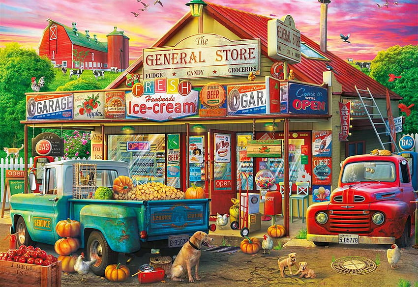 Country Store, house, cars, pumpkins, artwork, painting, autumn HD wallpaper