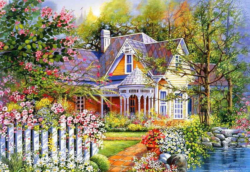 Yellow house with picket fence, llage, peaceful, spring, nice, fence, trees, calm, picket, art, house, paradise, grass, pretty, freshness, nature, cottage, scent, lovely, countryside, colorful, cozy, fragrance, serenity, quiet, painting, rural, blossoms, pond, flowering, garden, beautiful, yellow, blooming, flowers, village HD wallpaper