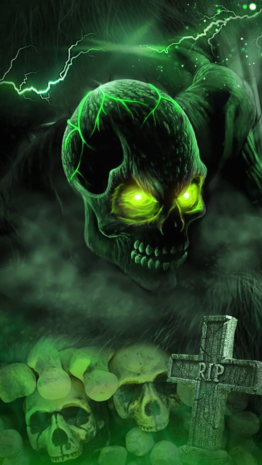RIP Skull, пълен тематичен пакет със зелен дим и гръмотевици. Страшен неонов череп. HD тапет за телефон