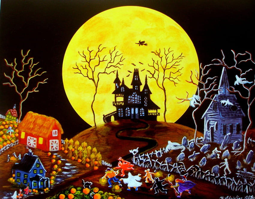 Noite Assustadora, obras de arte, halloween, lua, casa, abóbora papel de parede HD