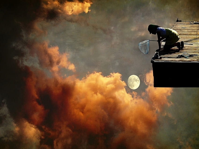 จับดวงจันทร์ ดวงจันทร์ แฟนตาซี ตกปลา เมฆ ตาข่ายผีเสื้อ วอลล์เปเปอร์ HD