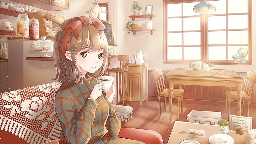 Anime Girl, Cozy Coffee Shop, Drinks, Smiling, Food, Couch for HD wallpaper