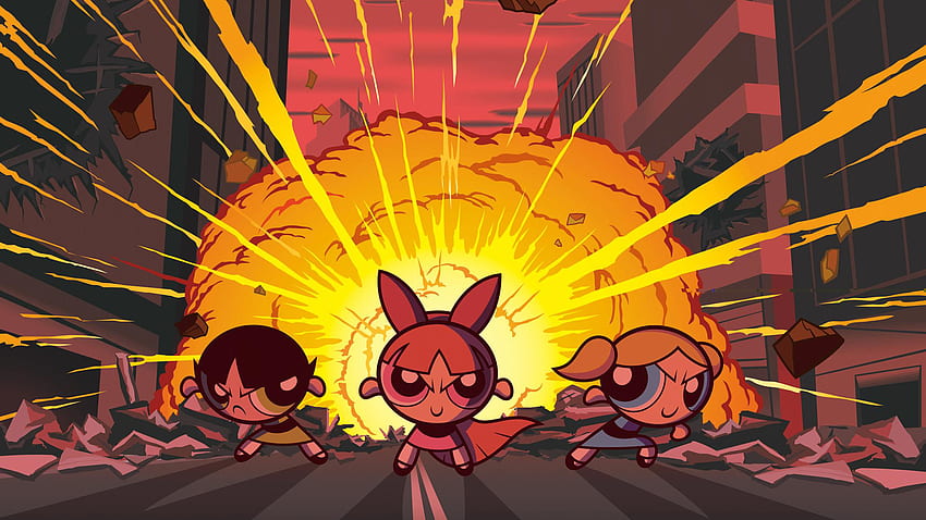 Die Powerpuff Girls Blossom, Bubbles und Buttercup im feurigen Hintergrund Anime, Buttercup-Ästhetik HD-Hintergrundbild