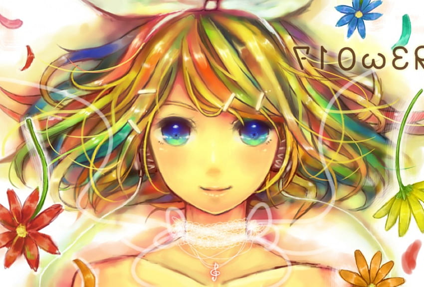 Rin’s Flowers, colorful, rin kagamine, anime, pretty, petals, flowers