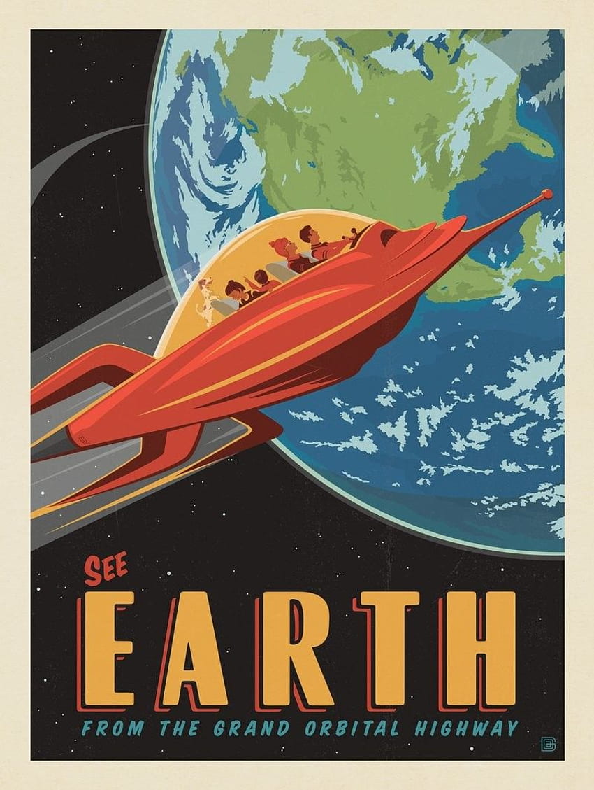 Anderson Design Group – Podróże kosmiczne – Ziemia: Z Wielkiej Autostrady Orbitalnej. Kosmiczny plakat w stylu retro, Kosmiczne plakaty retro, Kosmiczne plakaty podróżnicze Tapeta na telefon HD