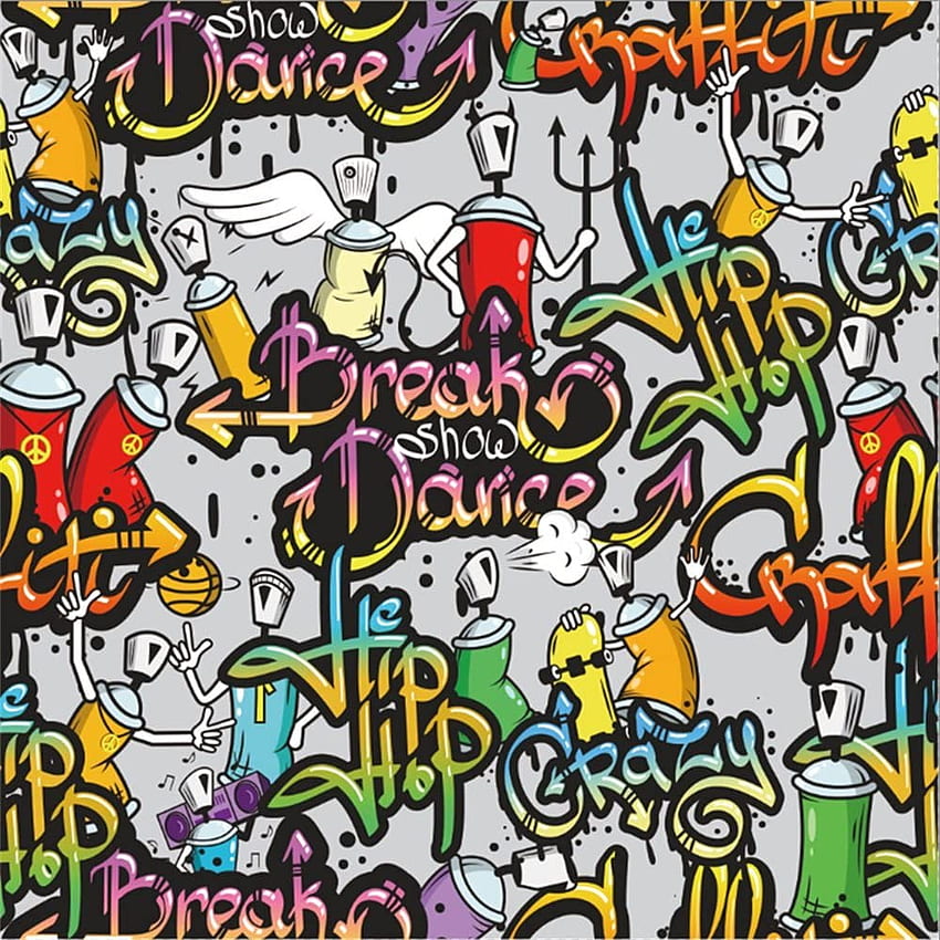 Leowefowa 1,5 x 1,5 m Grunge Graffiti Fondale Crazy Hip Hop Fondali per graphy Break Dance Tema anni '80 Vinile Anni '80 Party Studio Puntelli: camera e Hip Hop anni '80 Sfondo del telefono HD