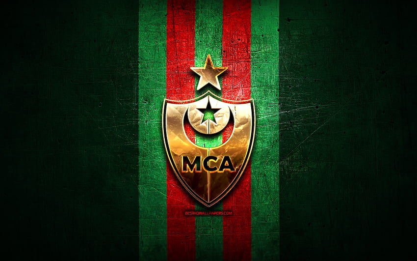 MC Alger, logo emas, Aljazair Ligue Professionnelle 1, latar belakang logam hijau, sepak bola, klub sepak bola Aljazair, logo MC Alger, sepak bola, Klub Mouloudia dAlger Wallpaper HD
