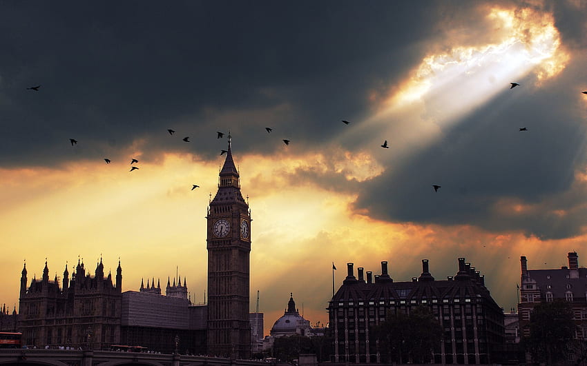 Kota, Matahari Terbenam, Langit, London, Big Ben, Bayangan Wallpaper HD