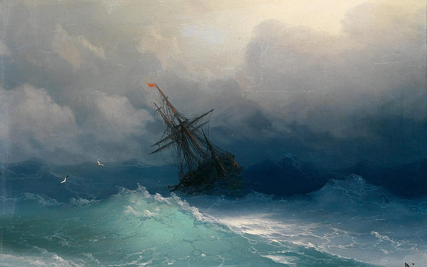 絵画、雲、海、嵐、船、沈没船、帆 高画質の壁紙