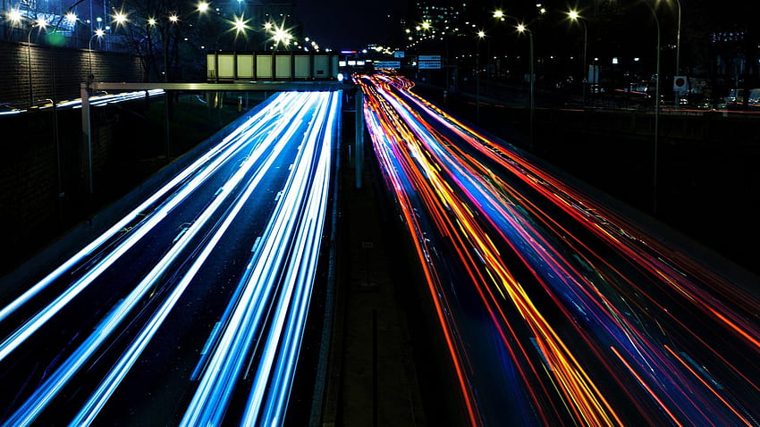 highway vehicle lights, night, city, highway, lights HD wallpaper