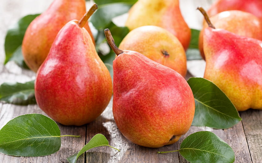 Pears, sweet, dessert, food, summer, pear, wood, green, red, fruit, autumn, leaf HD wallpaper