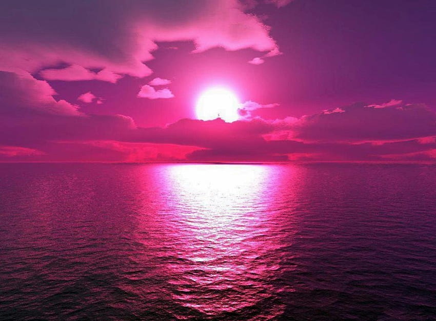 PURPLE SUNSET, sea, oceans, pinks, waterscapes, clouds, horizons, sky, magenta, sun, days end, sunset HD wallpaper