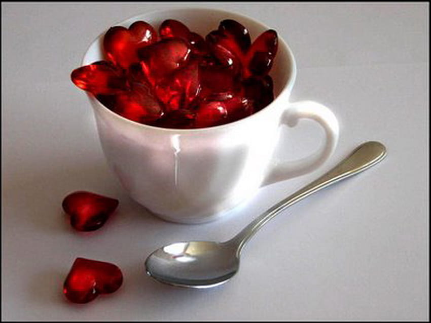 tazza d'amore, cuori rossi, tazza bianca, cucchiaio, amore Sfondo HD