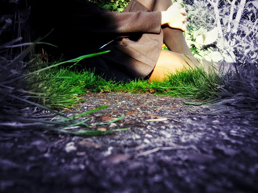 sitting on grass, garden, girl, grass, ground, outdoors, sitting, light, field, green, pavement, nature HD wallpaper