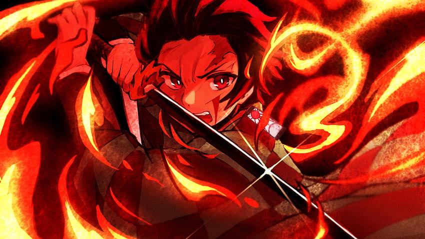 Demon Slayer Tanjiro Kamado con Sharp Sword On Fire Anime. , Respiración del sol fondo de pantalla