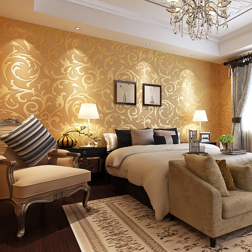 Papier peint de rouleau de feuille d'or d'argent de relief non tissé 3D de style européen pour le rouleau de luxe de chambre à coucher de salon, chambre de luxe Fond d'écran de téléphone HD