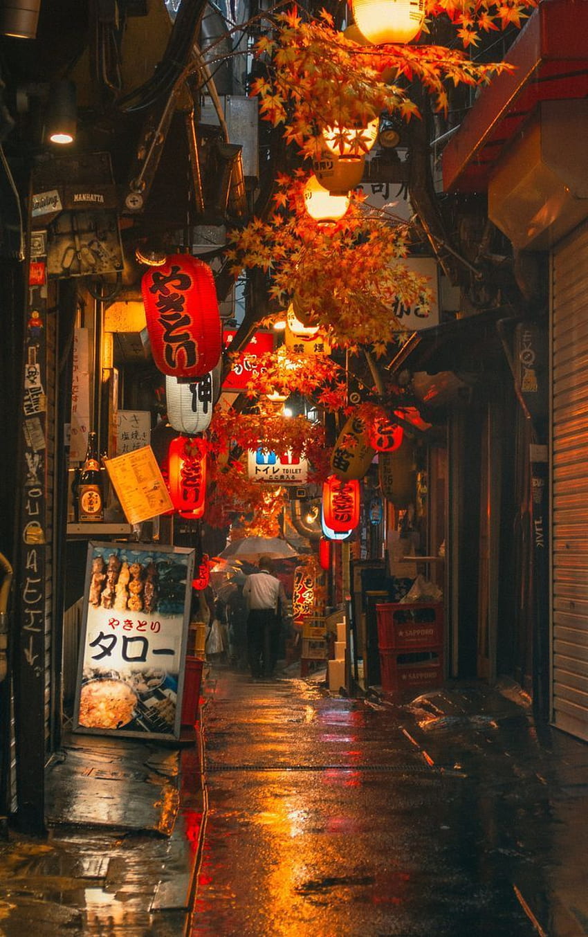 Omoide Yokocho w jesieni Tokio Japonia. Japońska grafika, estetyczna japonia, noc w Tokio, nocne życie w Japonii Tapeta na telefon HD
