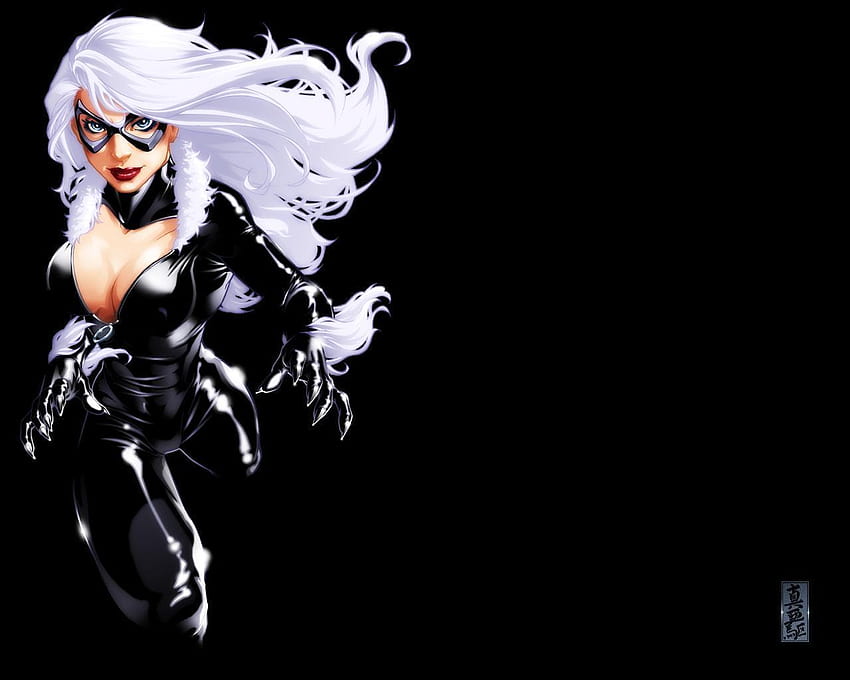 Black Cat, mask, blue eyes, black background, girl, leather, long hair, felicia hardy, anime girl, anime, comics, white hair, spiderman, female, marvel HD wallpaper