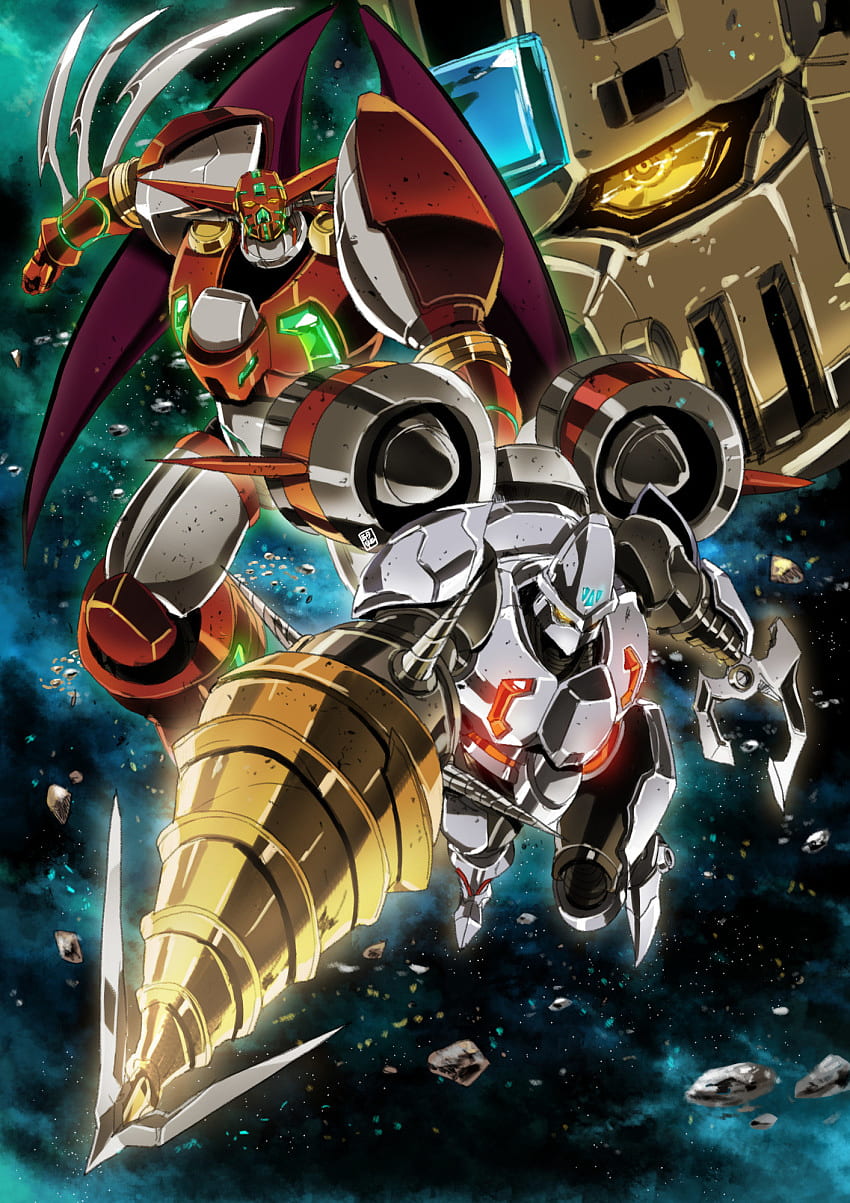 Safebooru Clenched Hands Close Up Drill Flying Garimpeiro Getter Robo Glowing Glowing Eyes Highres Mecha No Humans Shin Getter 1 Shin Getter 2 Shin Getter 3 Shin Getter Robo Space Super Robot Wings Yellow Eyes HD phone wallpaper