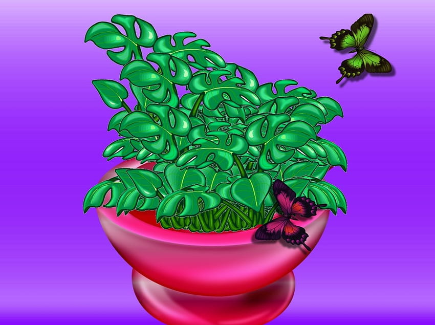 Bowl with Flutterfies and leaves, purple, flutterflies, pinkish, green, bowl HD wallpaper