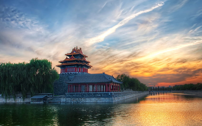 Nature, Trees, Sky, Clouds, Structure, China, Alcove, Bower, Beijing HD wallpaper