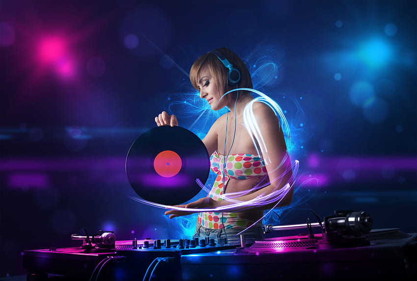 Auriculares disc jockey gramófono, DJ femenina fondo de pantalla
