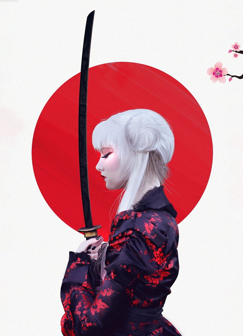 girl warrior, samurai, cherry blossom, art, iphone 4, iphone 4s, ipod touch, , background, 18540 HD phone wallpaper