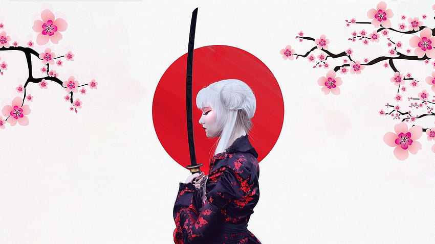 Japanese girl, kimono, sakura, sword, art HD wallpaper