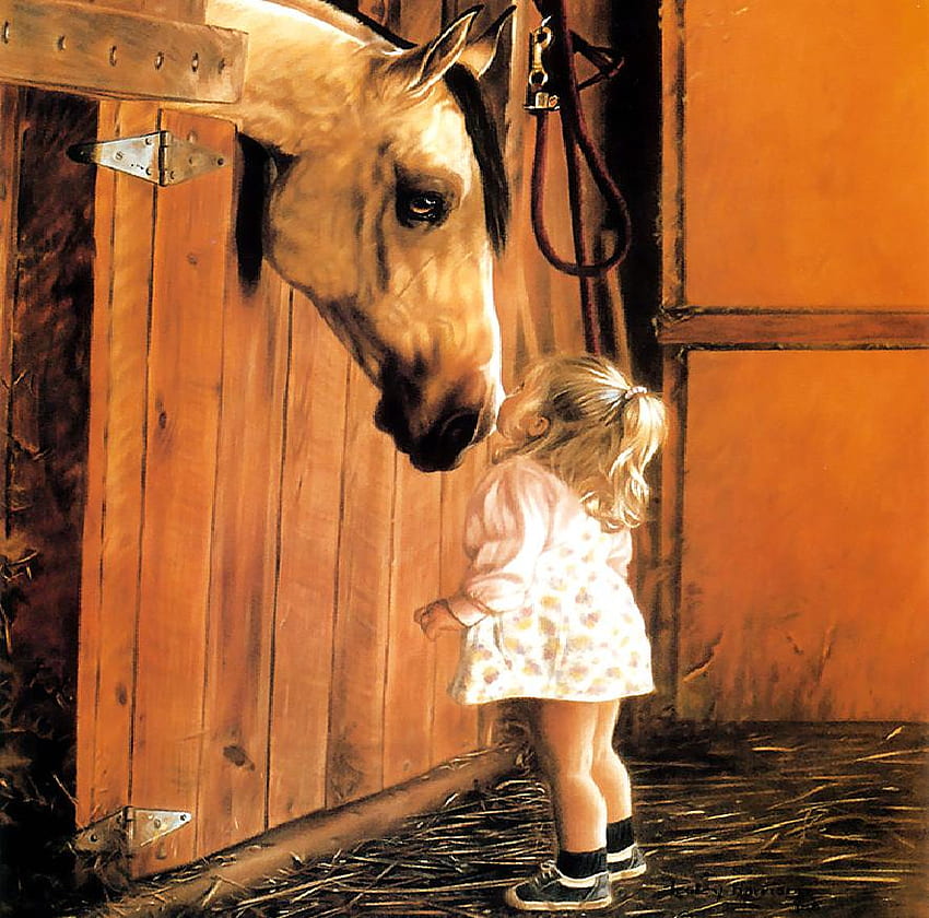 Little Visitor, sweet, little girl, horse, stable, painting, gate HD wallpaper