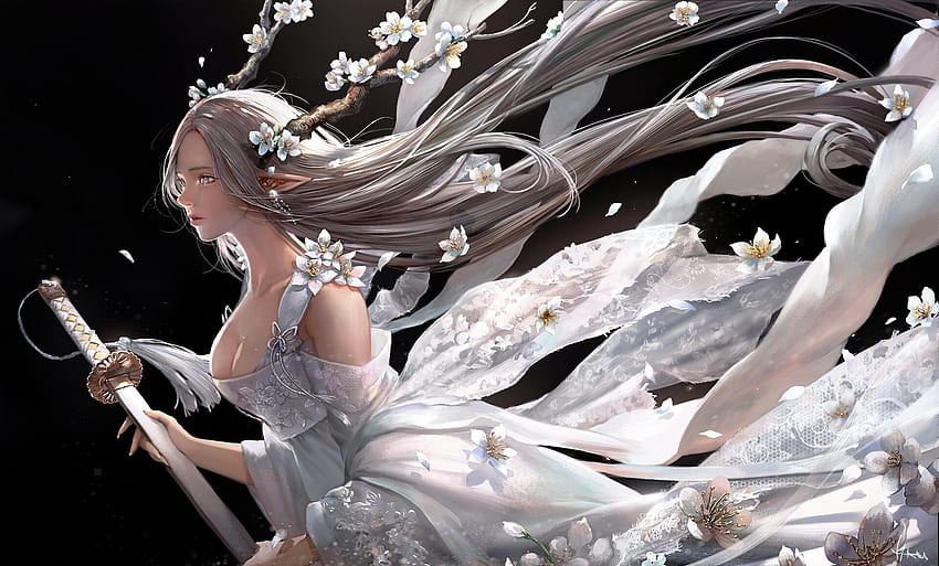 Fantasy Girl, Flowers, Sword, Elf, Branches HD wallpaper