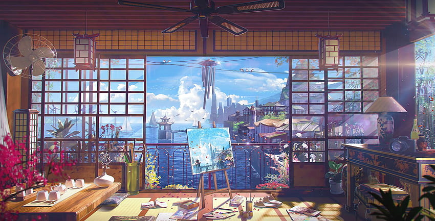 ospałe popołudnie autor: taehoon kangCześć, pokazuję ci mały, wygodny domek z widokiem na ocean. Sceneria anime, miasto anime, tło anime, przytulne anime Tapeta HD