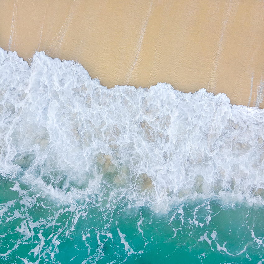 White foams of waves, beach, aerial view HD phone wallpaper