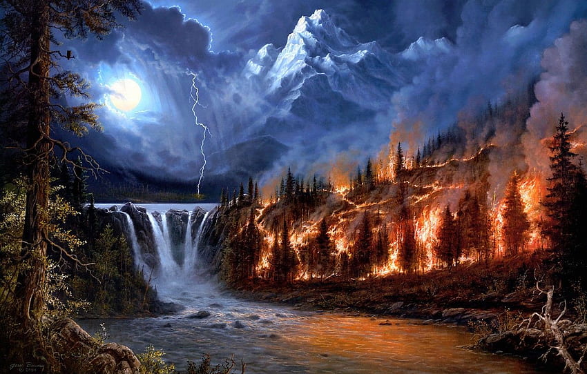 forest, landscape, river, fire, fire, element, lightning, waterfall, art, Jesse Barnes, a fire in the woods for , section природа HD wallpaper