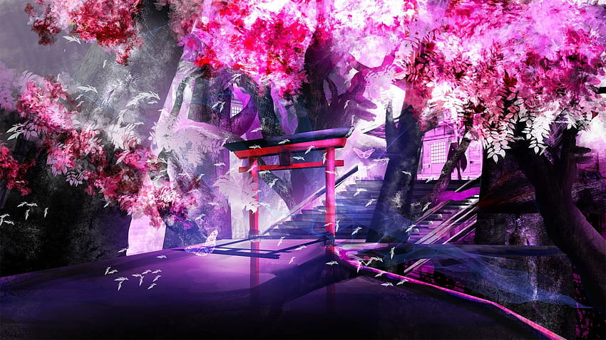 Anime, landscape, shrine, cherry trees , Japanese Sakura Anime HD wallpaper