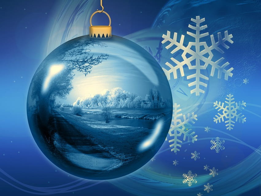 Sezon wakacyjny, rzeka, zima, kościół, płatki śniegu, śnieg, piłka, Boże Narodzenie, most, drzewa, ornament, zegar, woda Tapeta HD