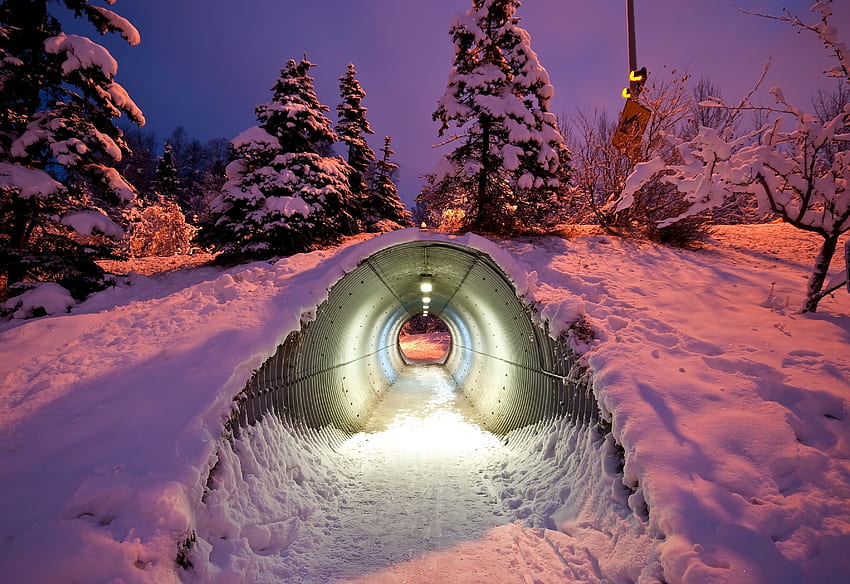 Зима, природа, сняг, блясък, светлина, тръба, тръба, тунел HD тапет