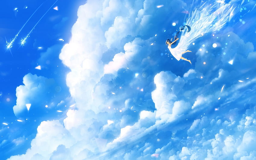 Anime Kızı, Uçan, Gökyüzü, Bulutlar, Hafif Elbise, Motorola Xoom, MacBook Pro 13 için Yapraklar HD duvar kağıdı