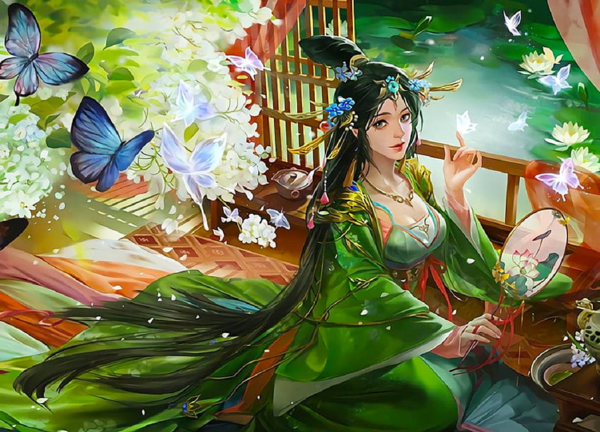 Idyll of Spring, sztuka, fantazja, zielony, dziewczyna, orientalny, kobieta, piękny, motyle, cyfrowy, lamake Tapeta HD