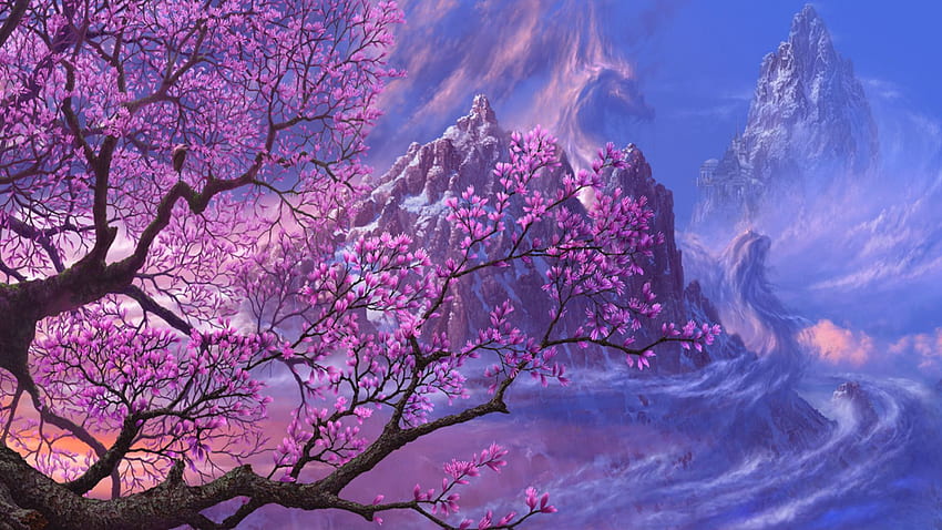 trees dragons purple fantasy art Asia artwork anime background. Landscape , Tree , Tree art HD wallpaper